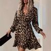 European and American Leopard Print V-neck High Waist Irregular Women's Dress Vacation Short Dress Irregular Women's Dress