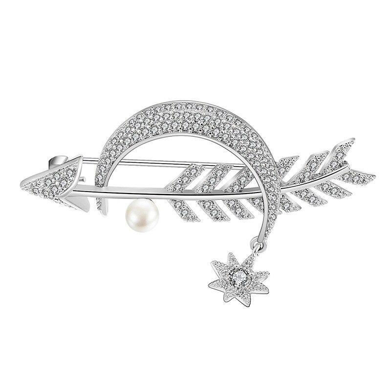 Blucome Luxury Copper Moon Arrow Shape Brooches Corsage Silver Color Star Simulated Wedding Bridal Brooch Collar Clip