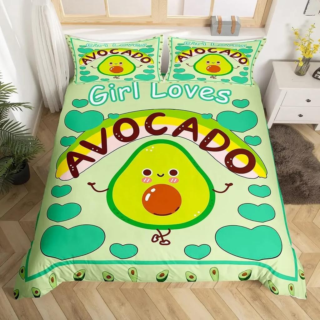 Fruit Duvet Cover Collection Cute Cartoon Avocado Decor 3 Piece Bedding Collection With 2 Pillow Shams Queen King Full Size Paprika Green