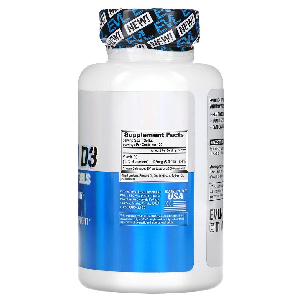 EVLution Nutrition Vitamin D3, 5,000IU, 120 Softgels