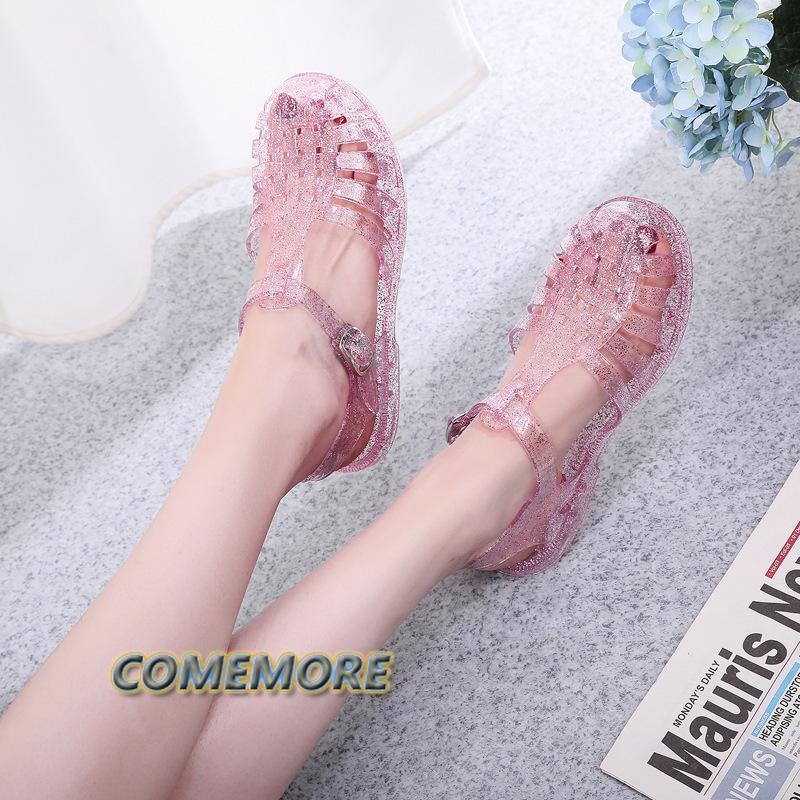 Пластиковые сандалии женские летние туфли женские повседневные плоские прозрачные однотонные полые желеобразные сандалии пляжная обувь Sandalias De Mujer