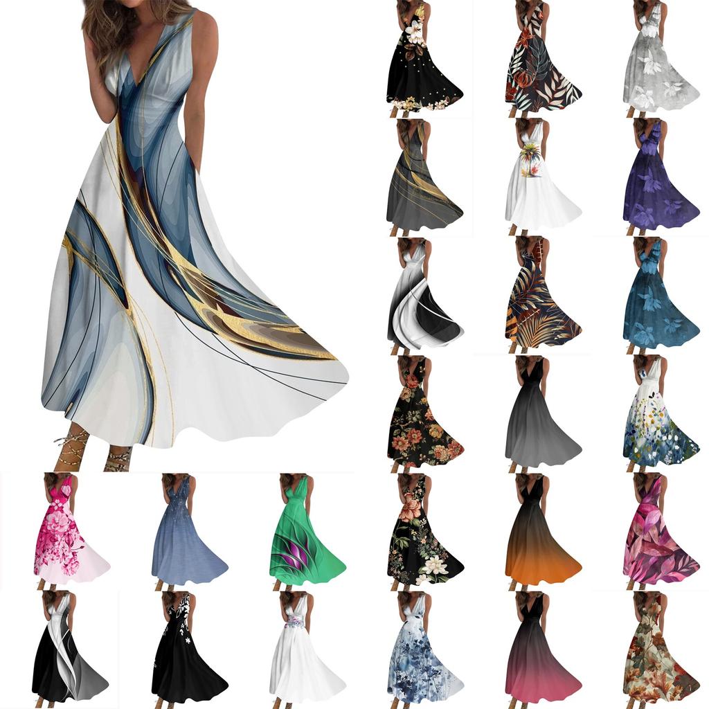Женское длинное платье Платье макси Повседневное платье Свободное платье Платье трапециевидной формы Модная уличная одежда Платье без рукавов с v-образным вырезом и принтом даты