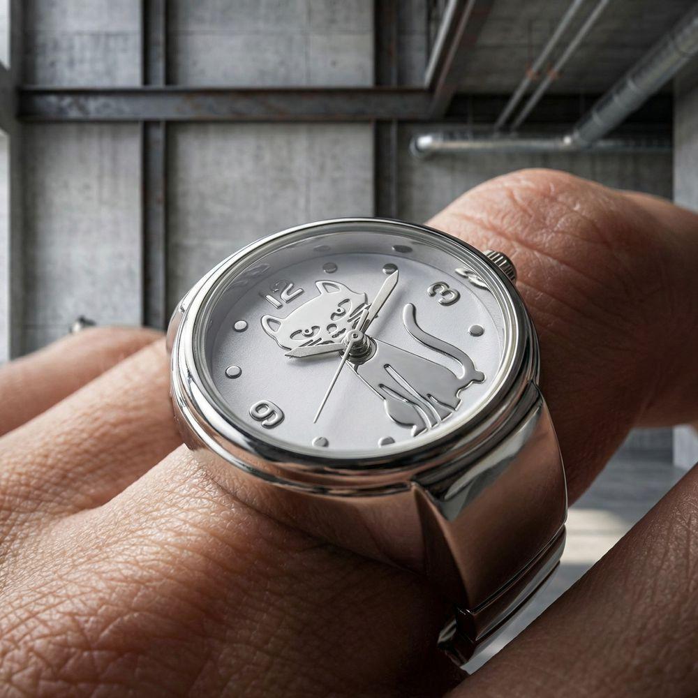 Круглые Кольцо-Часы Золотой Циферблат с Кошкой Punk Кварцевые Часы Аксессуары для Одежды