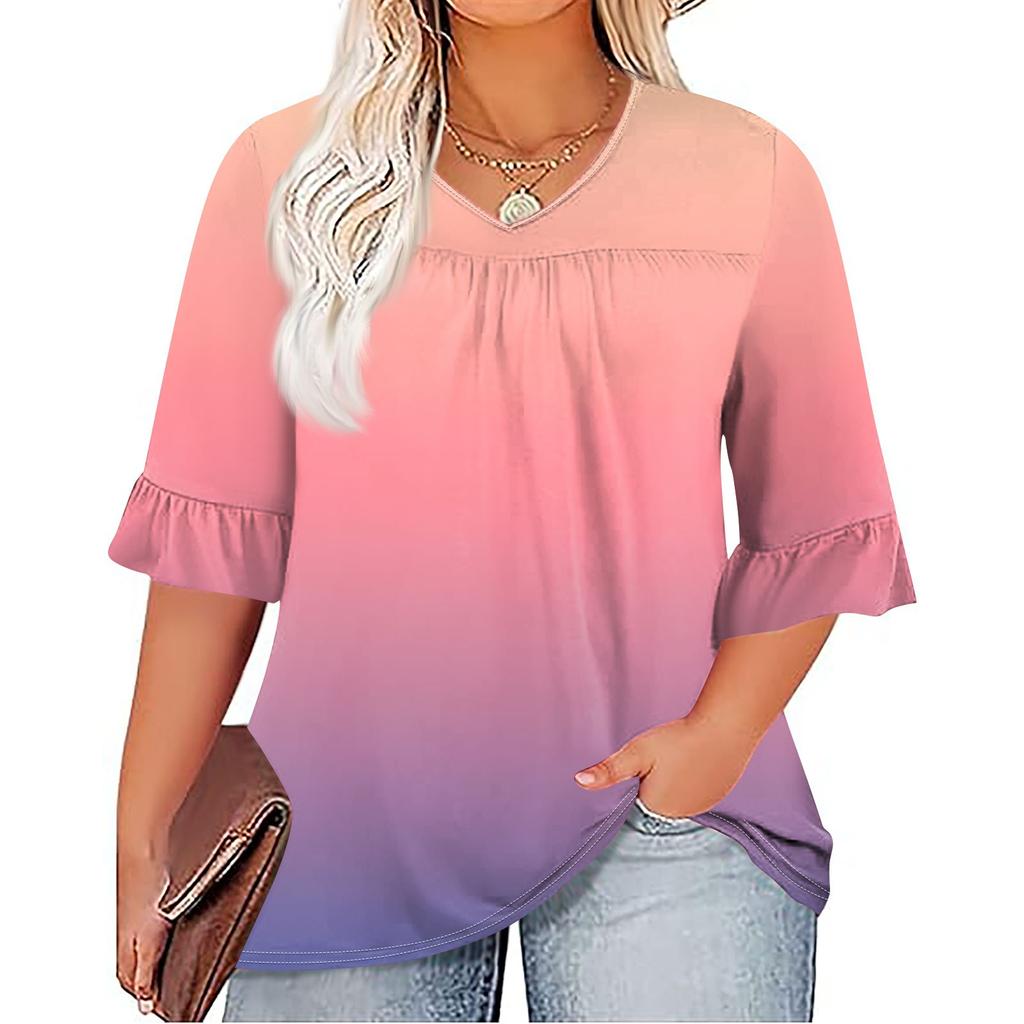 Женская мода, повседневная плиссированная футболка с v-образным вырезом и принтом, семиминутная футболка с рюшами и рукавами, топы больших размеров