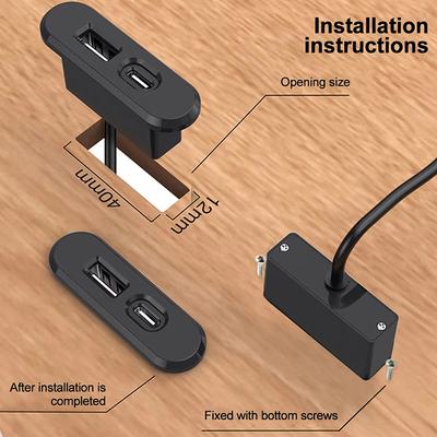 Для офиса, спальни, стола, встраиваемые розетки, 1 USB-A и 1 Type-C, встроенная настольная скрытая розетка с удлинительным шнуром 1,2 м