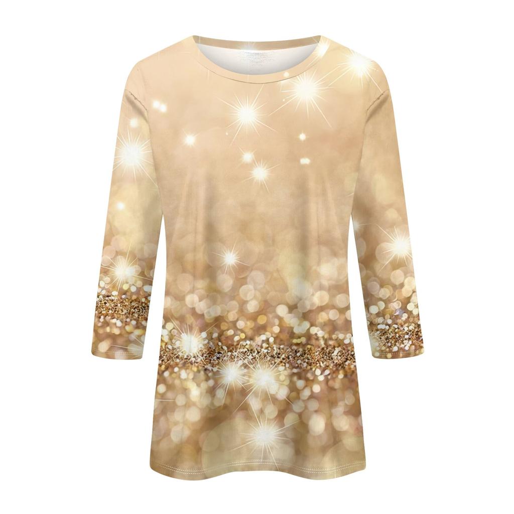 Women's Fashion Casual Three-quarter Sleeve Sequin Printed Round Neck Top