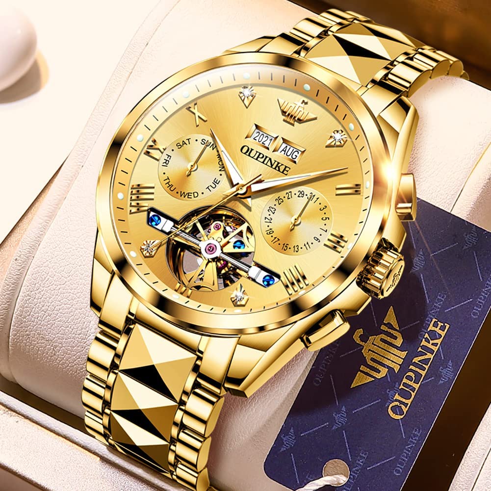 Gold Automatic Watch Luxurious Gentleman Skeleton Tungsten Sapphire 5 ATM Water Resistant Date Luminous Day of the Week Men's