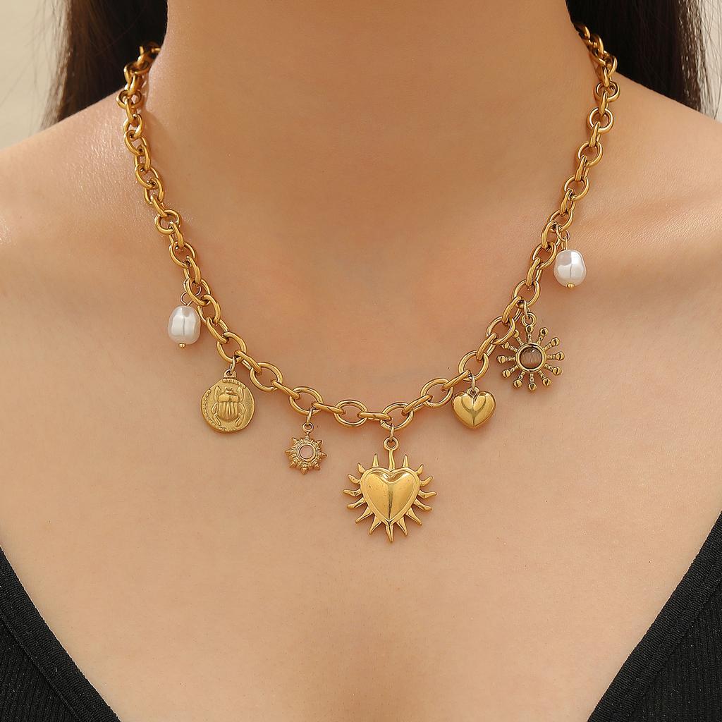 2026 Fashion Multi-element Ocean Wind Love Bow Sun Moon Devil's Eye Pendant Chain Necklace