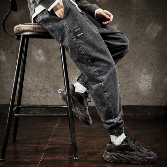 Эластичный пояс со средней посадкой, термоусадочные манжеты на шнурке, повседневные джинсы, мужские джинсы с несколькими карманами, джинсовые спортивные штаны в стиле хип-хоп, уличная одежда