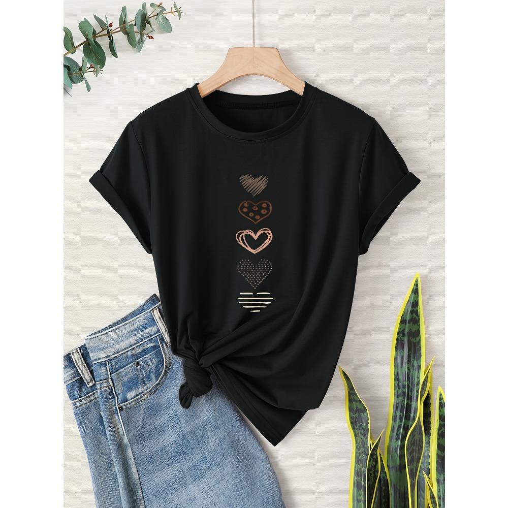 Women Cotton Short Sleeves T-shirts Minimalist Hearts Women's Tee Cute Doodle Graphic Casual Everyday Top
