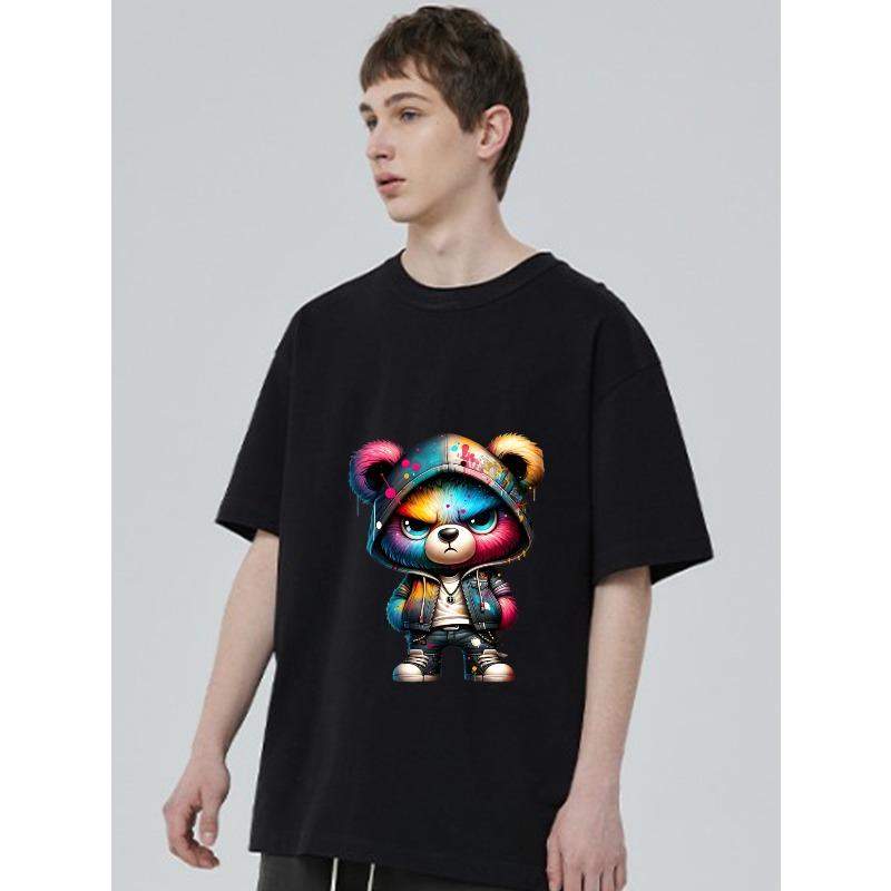 Cute Bear Streetwear T-Shirt Black Colorful Graffiti Bear with Hoodie and Sneakers Urban Fashion Casual Wear for Men and Women