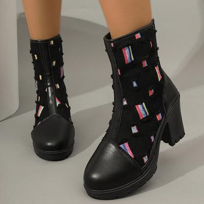 Разноцветные ботильоны на высоком каблуке, женские модные короткие сапоги на платформе с лоскутным узором, женские осенне-зимние теплые сапоги на толстом каблуке