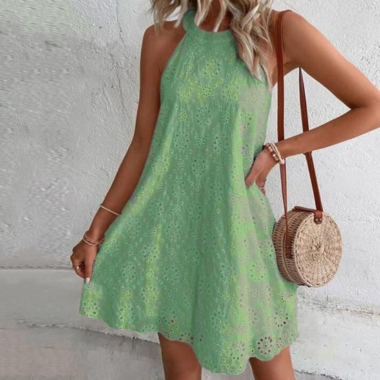 Пляжное платье без рукавов с круглым вырезом и открытыми плечами, сплошной цвет, свободный подол, женское летнее повседневное платье с лямкой на шее и цветком