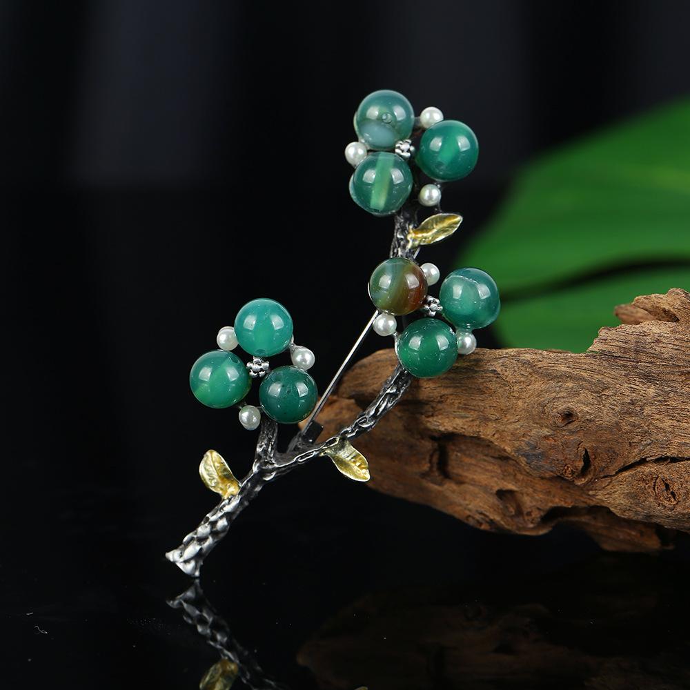 Retro Natural Agate Brooch High-end Classical Temperament Literary and Versatile Plant Pin Coat Cardigan Corsage Accessories