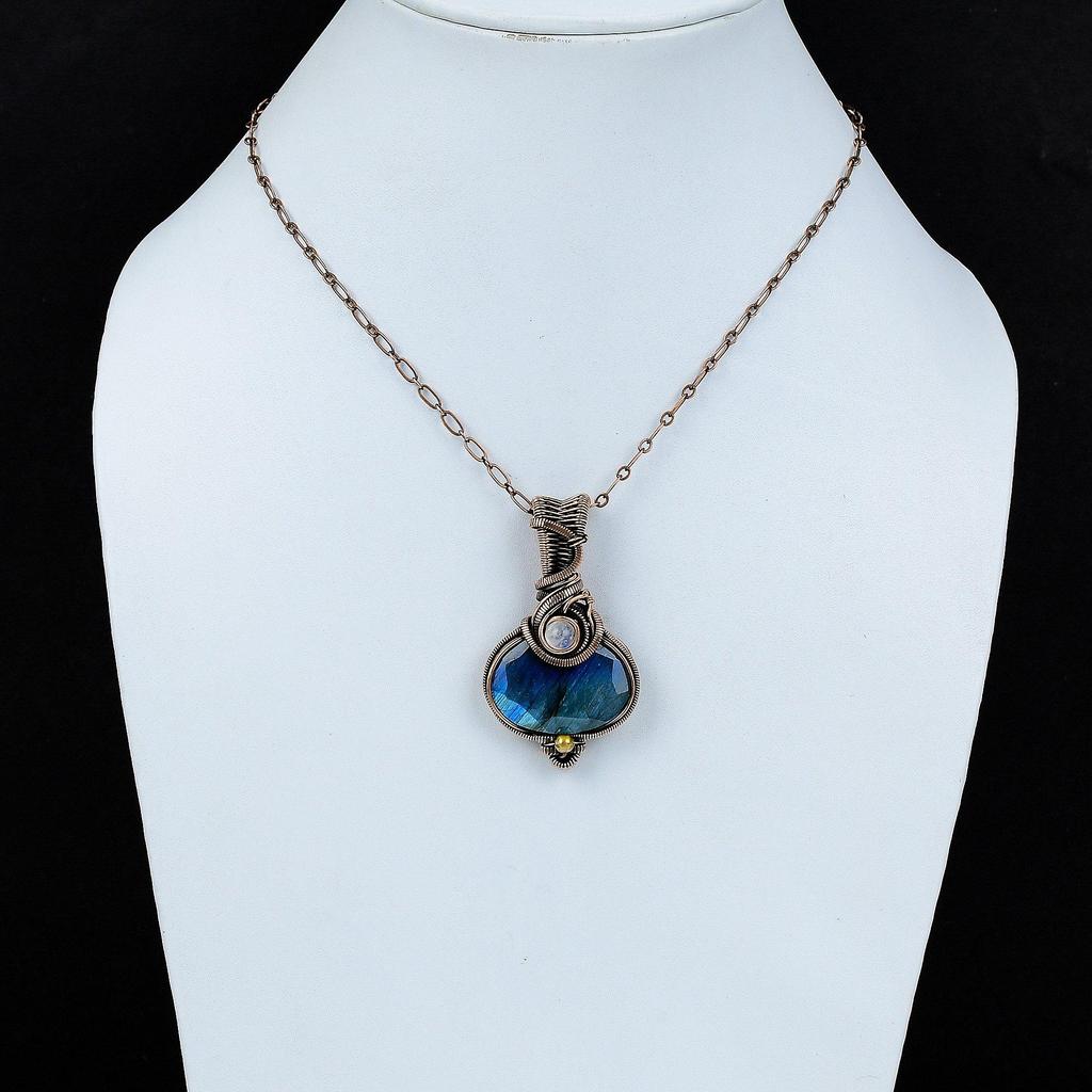 Подвеска из граненого лабрадорита, подвеска из медной проволоки, подвеска из лунного камня, ювелирные изделия из меди ручной работы, помолвочный подарок, ювелирные изделия из драгоценных камней в виде проволоки