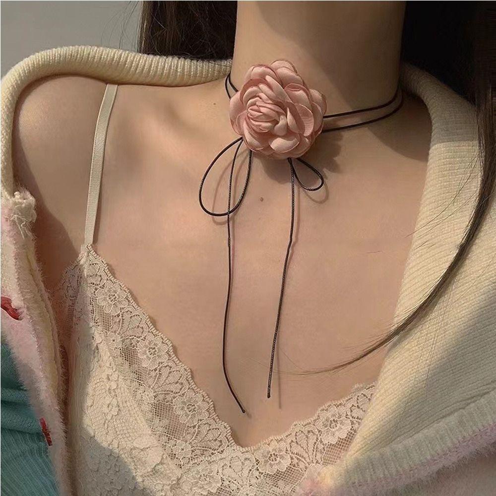 Cloth Big Flower Choker Lace-up Rope Knot Clavicle Chain Exquisite Flower Necklace  Women