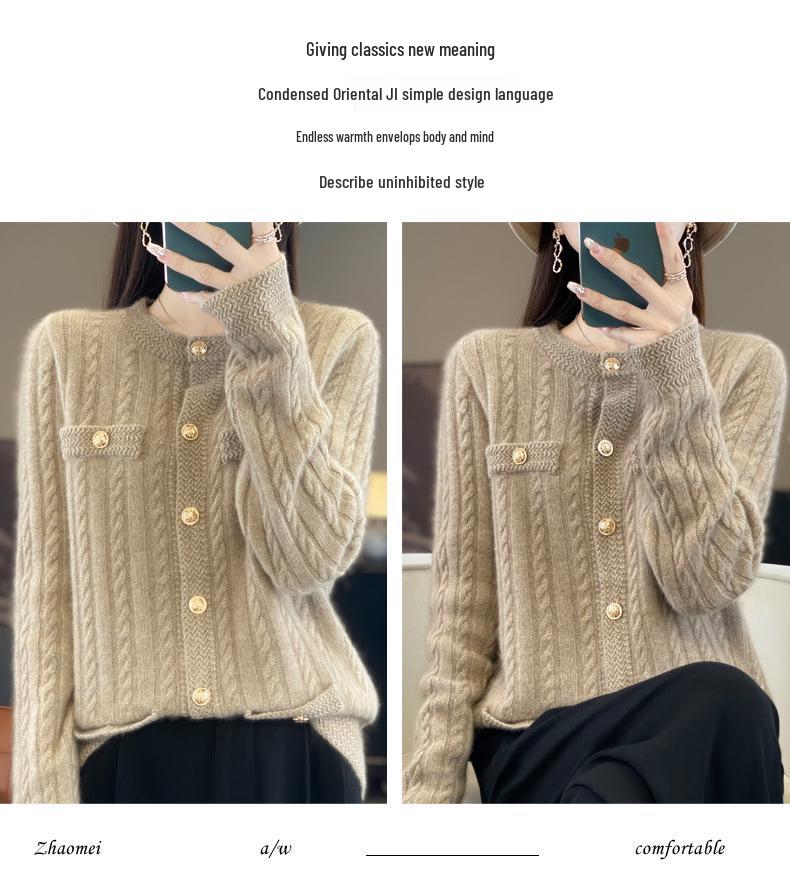 100% Wool Women's French Cable Knit Cardigan - Autumn/Winter Retro Short Aran Tweed Jacket