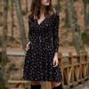 Women Long Sleeve Mini Dress Deep V Neck Waist Tight Large Hem Floral Print A-Line Dress
