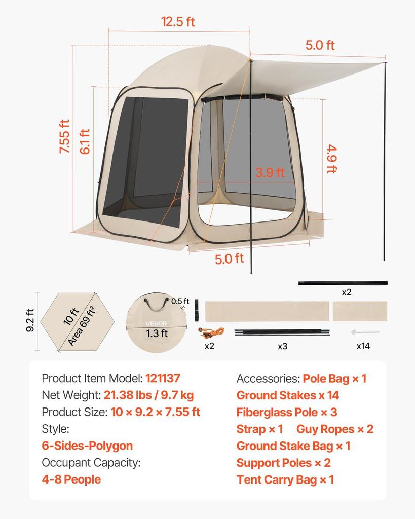 Screen House Tent, 3030 x 2650 x 2300 mm, 4-8 Person Pop Up Screen Tent with Extended Awning, Portable Screened in Canopy with Carry Bag, Netting