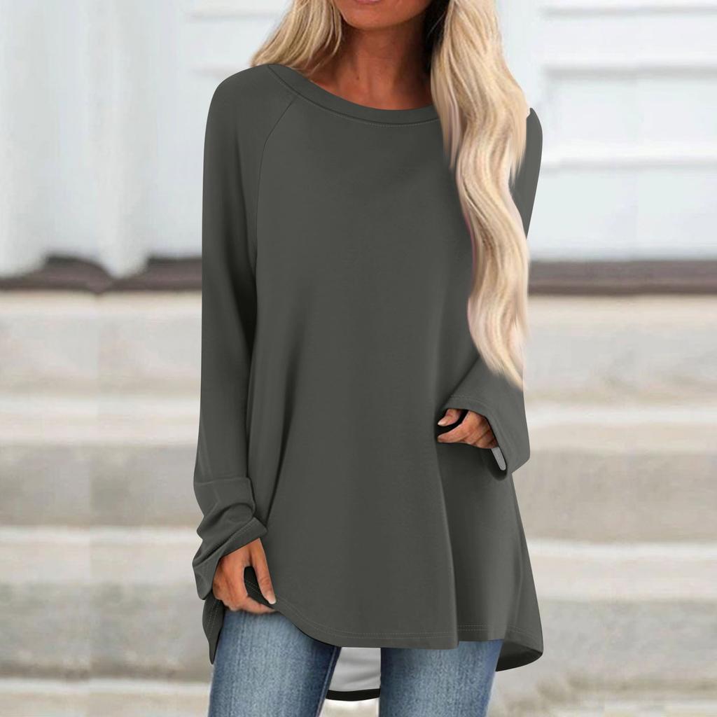 Women's Fashionable Loose Mid-length Round Neck Pullover Solid Color Raglan Sleeves Long-sleeved Casual Top