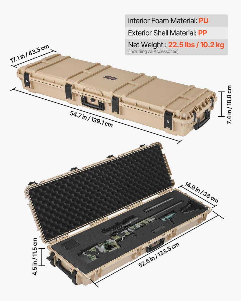 VEVOR Hard Rifle Case, Lockable Rifle Case with Pre-cut Foams, 139.1 cm Gun Storage with Wheels