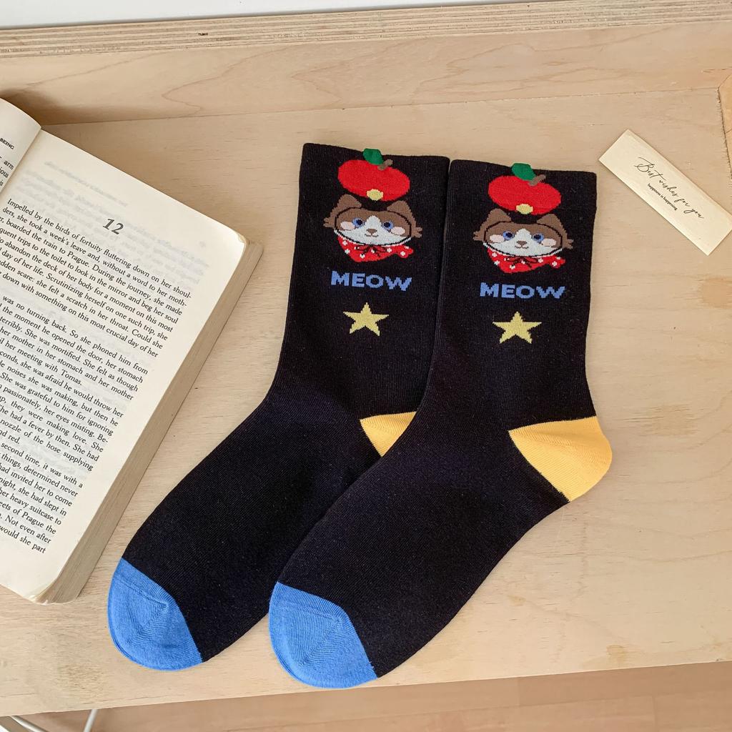 Осенние женские носки, носки до середины икры, махровые носки с мультяшным котом, студенческие носки для женщин