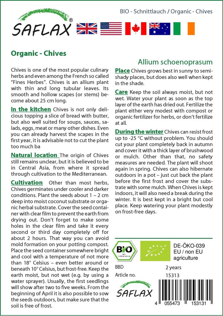 SAFLAX Сад в сумке - Органический - Зеленый лук - 250 семян - С субстратом в подходящей устойчивой сумке - Allium schoenoprasum