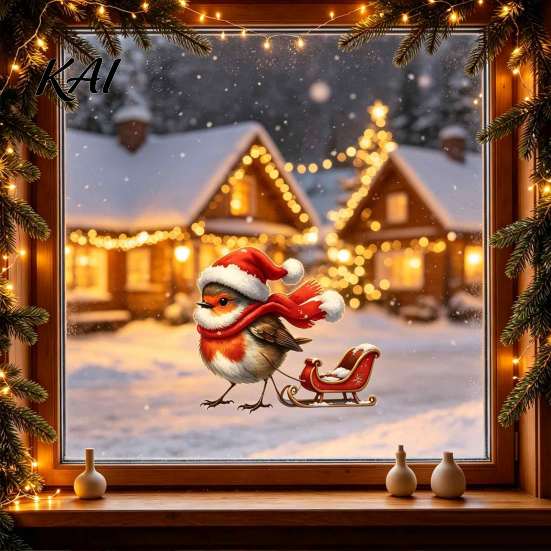 Creative Holiday Interior Decor Christmas Window Static Sticker, Decorative Reusable Redbreast Decal, PVC Festive Xmas Party Glass Art Cling for Home