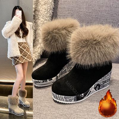 Модные пушистые ботильоны для женщин Зимние удобные спортивные повседневные хлопковые туфли на танкетке Толстая подошва Задняя молния Утепленные снежные ботильоны