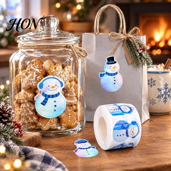 Winter Theme Party Supplies 500PCS Shiny Snowman Stickers, Waterproof Self Adhesive Labels, Round Kids School Holiday Crafts Decorative Packaging
