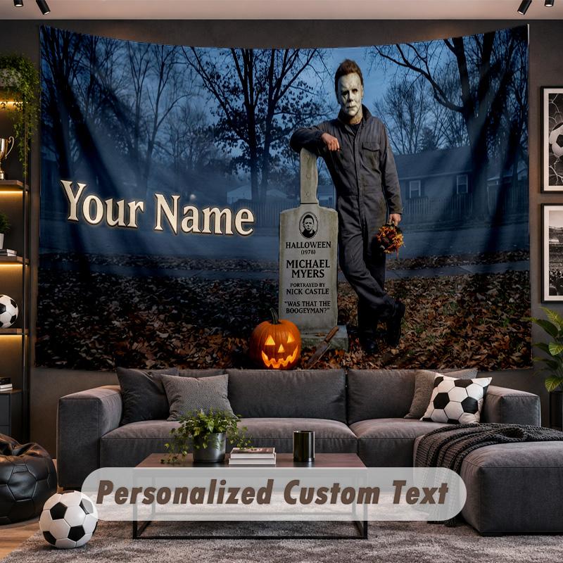 Halloween Michael Myers Personalized Tapestry Support Custom Name, Wall Art Home Decoration