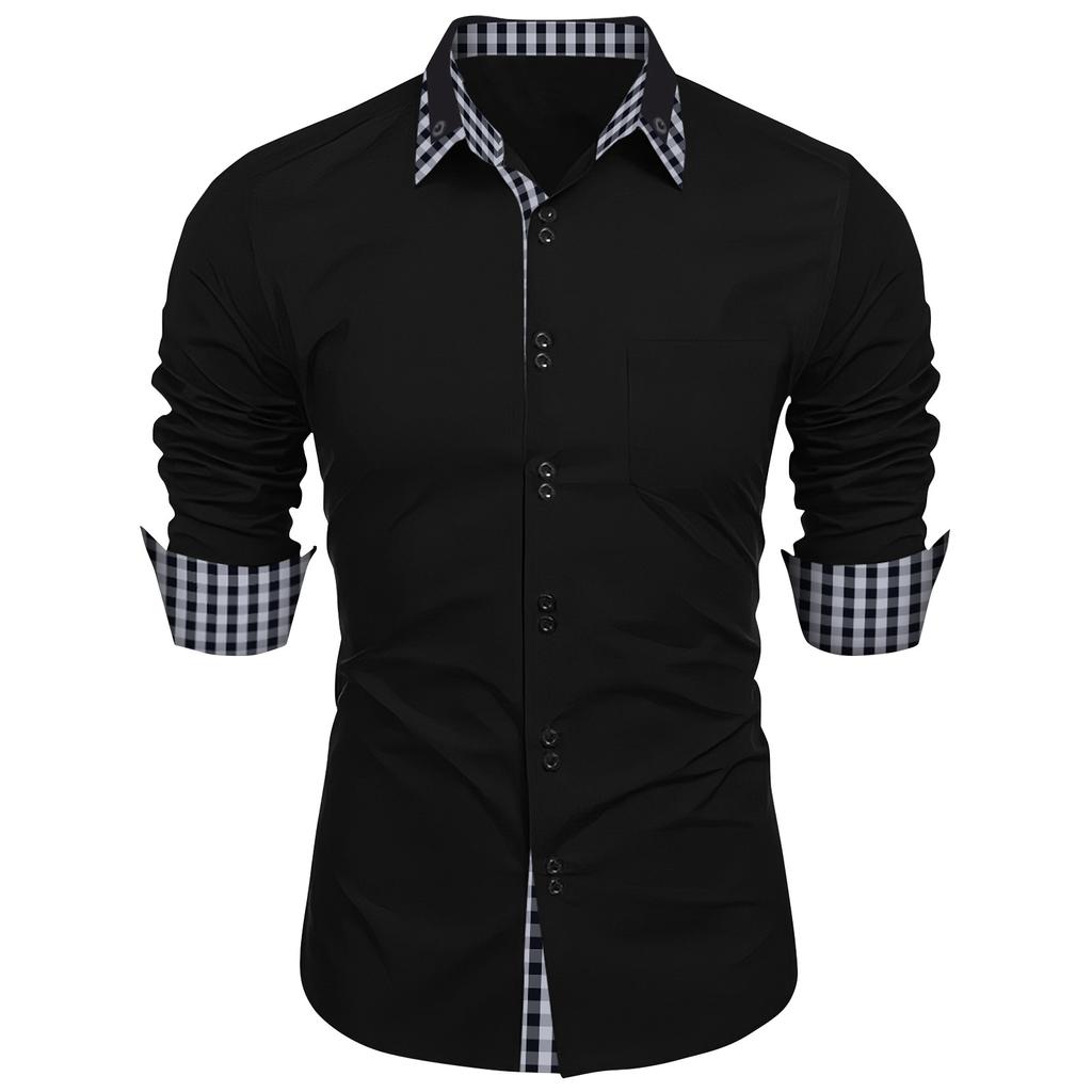 Мужская осенняя рубашка свободного покроя с длинным рукавом в клетку с цветными блоками на пуговицах