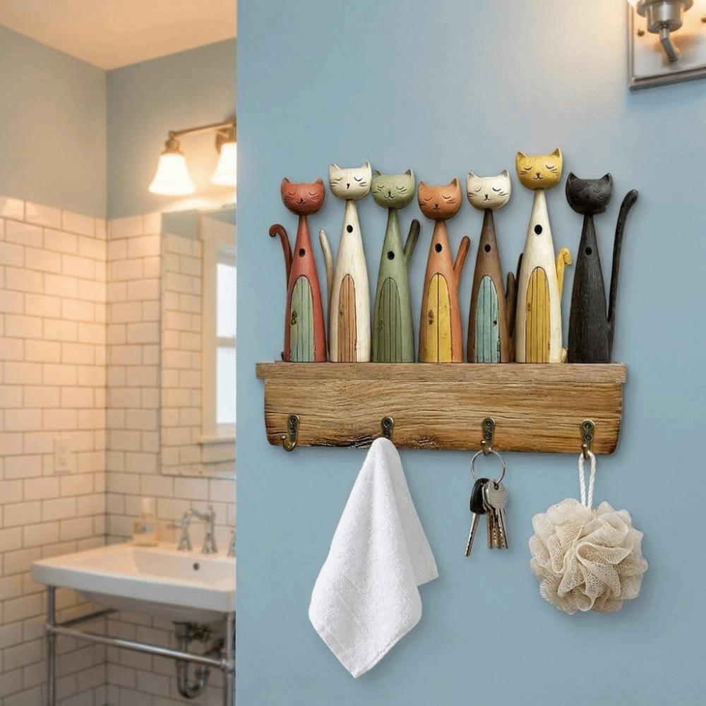 Colorful Cat Wooden Key Hanger Retro Design with 4 Hooks Animal Key Holder 2D Flat Wall-Mounted Key Holder Bedroom