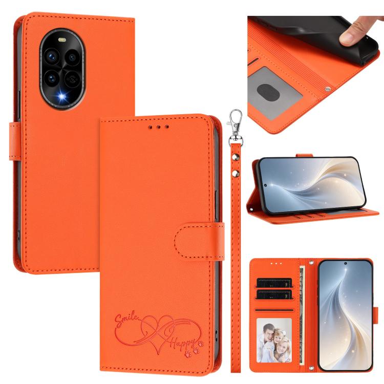 Happy Heart Pattern Magnetic Closure Vegan Leather Phone Case with Wrist Strap For Huawei Mate 60