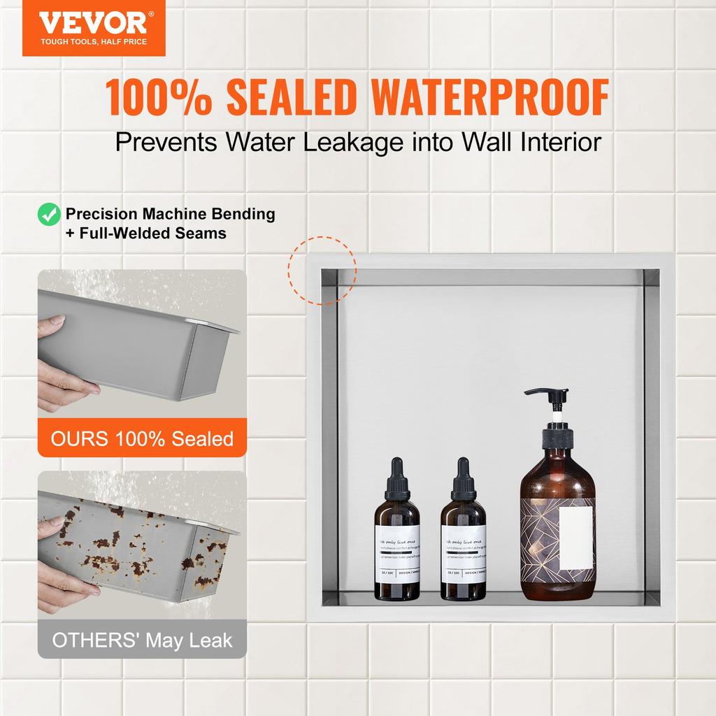 VEVOR 33.02 x 33.02 cm No Tile Shower Niche 304 Stainless Steel, Wall-Inserted Niche Recessed Double Shelves