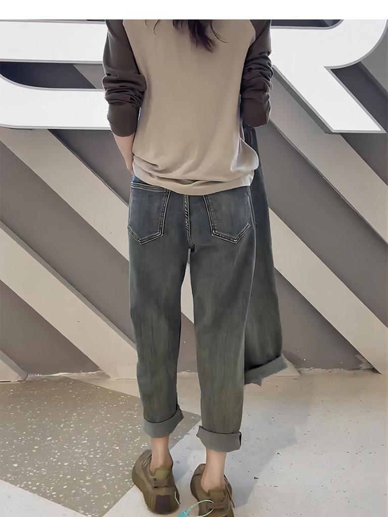 Джинсы женские маленького размера с высокой посадкой и прямыми штанинами, осенне-зимние, свободные, стройнящие, больших размеров, укороченные брюки гаремы