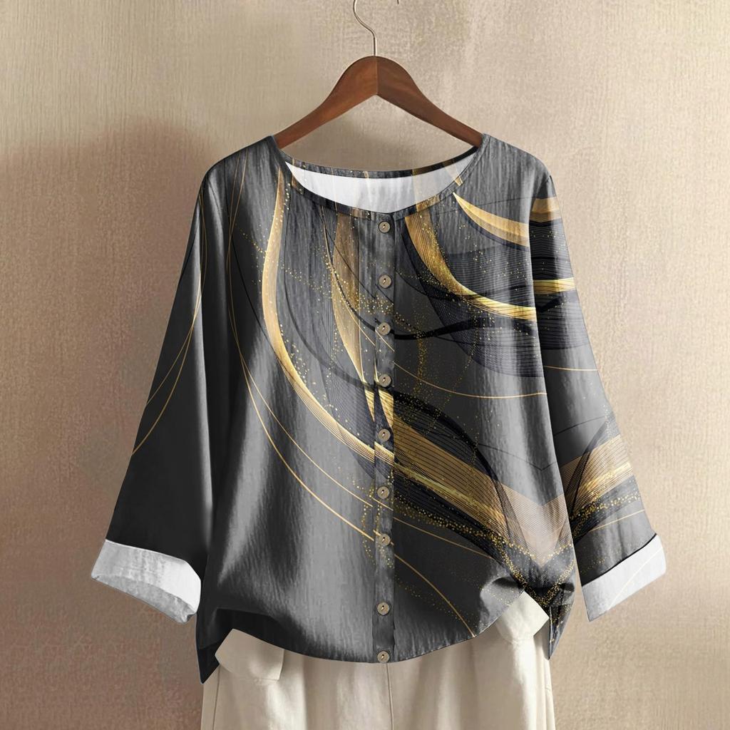 Женский повседневный топ с длинным рукавом и круглым вырезом из хлопка и льна с геометрическим принтом в стиле ретро