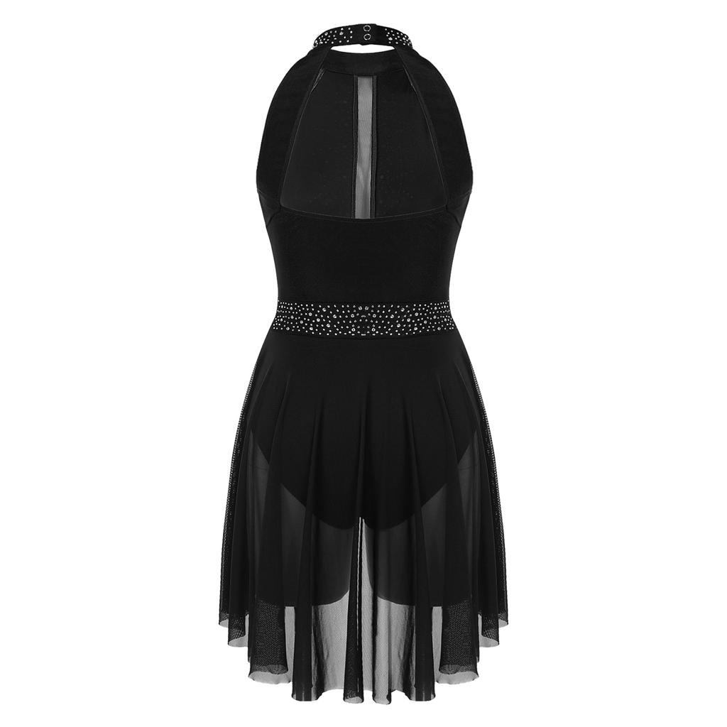 Женский балетный трико без рукавов с блестящими стразами, гимнастический балетный трико с лямкой на шее, лирический танцевальный костюм