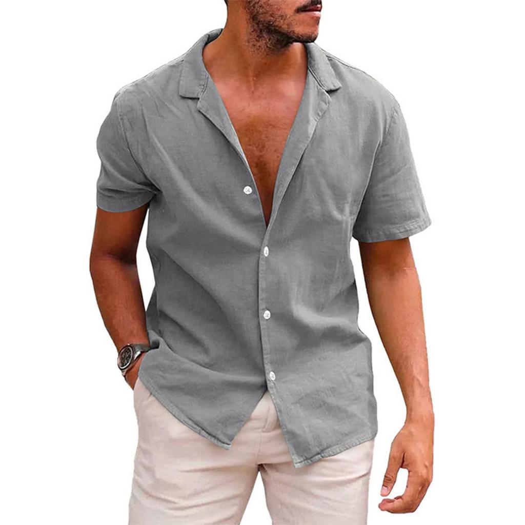 Men's Casual Collar Relaxed Short-sleeved Shirt - Men's Plain Cotton And Linen Breathable Shirt