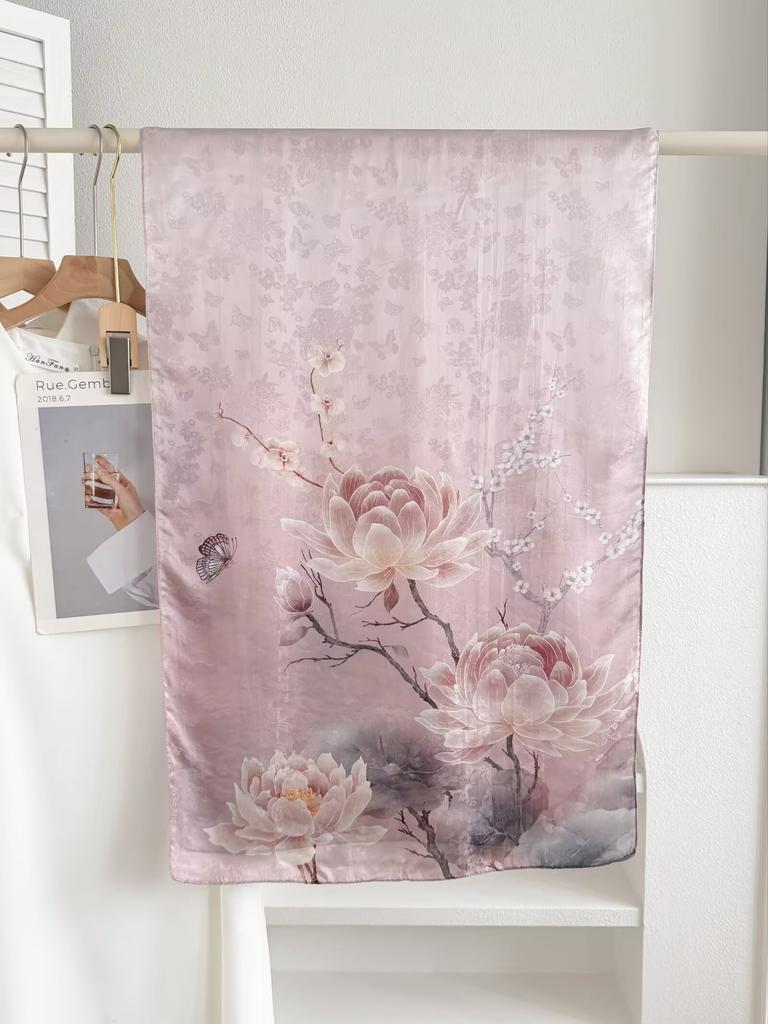 New Sangbo Satin Silk Long Scarf New Chinese Printed Silk Scarf Women's Spring and Summer Versatile Sunscreen Shawl Gift Accessories