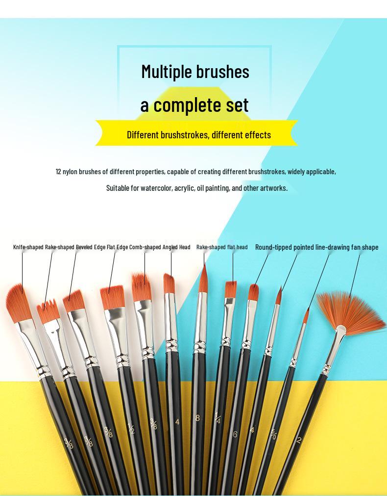 12-Piece Mixed Style Black Handle Brush Set: Short, Nylon Bristle Brushes for Watercolor, Gouache & Oil Painting