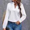 Women Long Sleeve Blouse Loose V-neck Top Simple Office Lady Solid White Autumn Spring