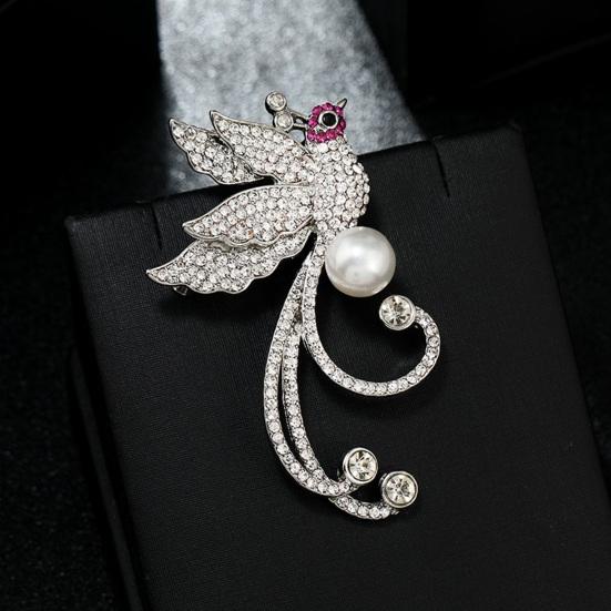 Simple Luxury Women Phoenix Shape Brooch Shining Rhinestones Inlaid Faux Pearl Suit Badge Electroplating Pin Outfit Accessories