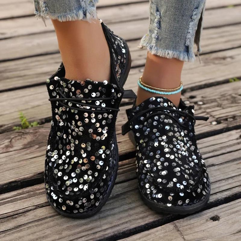 Модная женская обувь 2024 года, горячая распродажа, женские туфли на плоской подошве со шнуровкой, осенние туфли с круглым носком и блестками, повседневные удобные туфли на плоской подошве