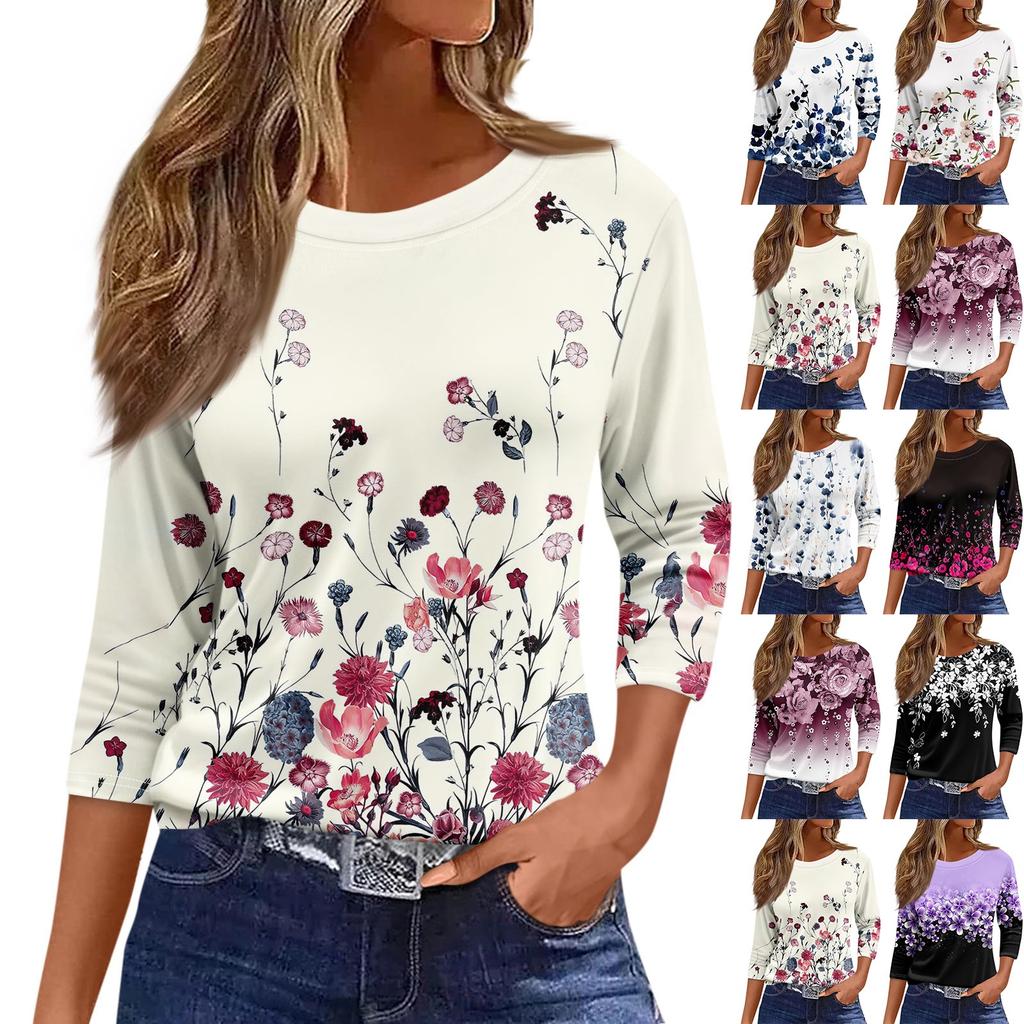 Women's Fashion Casual Round Neck 3/4 Sleeve Loose Printed T-Shirt Ladies Top