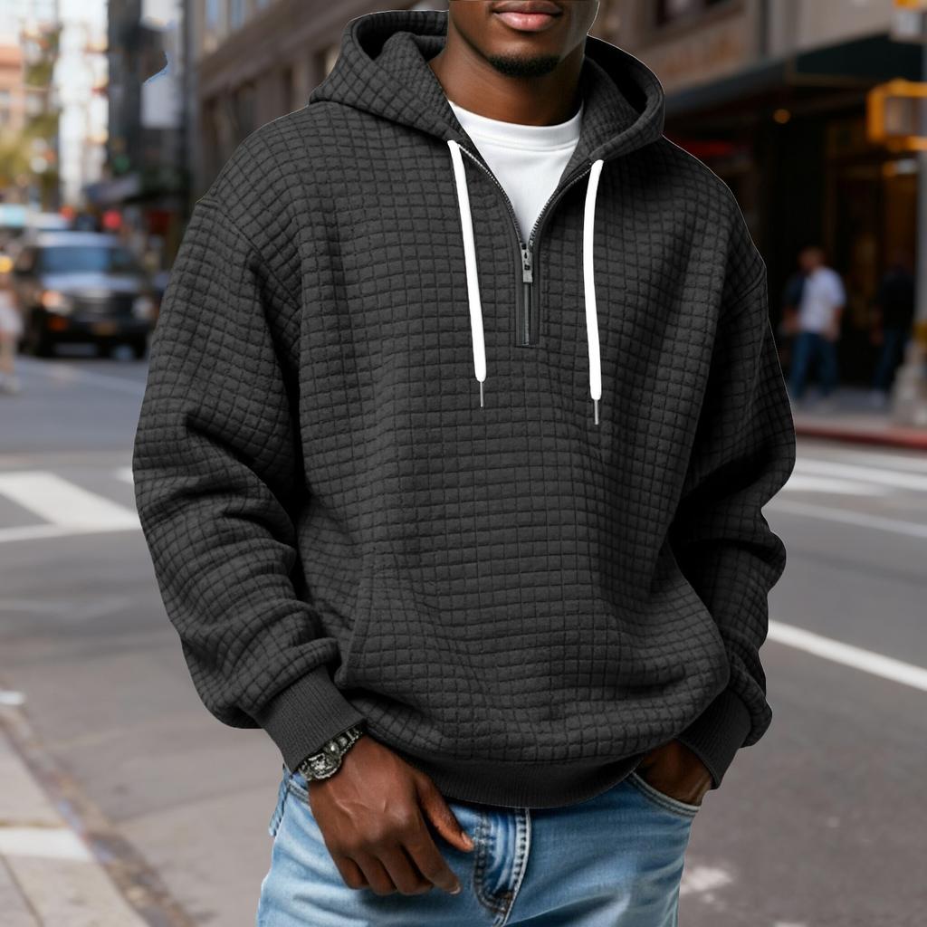 Мужской худи-пуловер в клетку с капюшоном на молнии до середины, со шнурком, повседневная спортивная толстовка