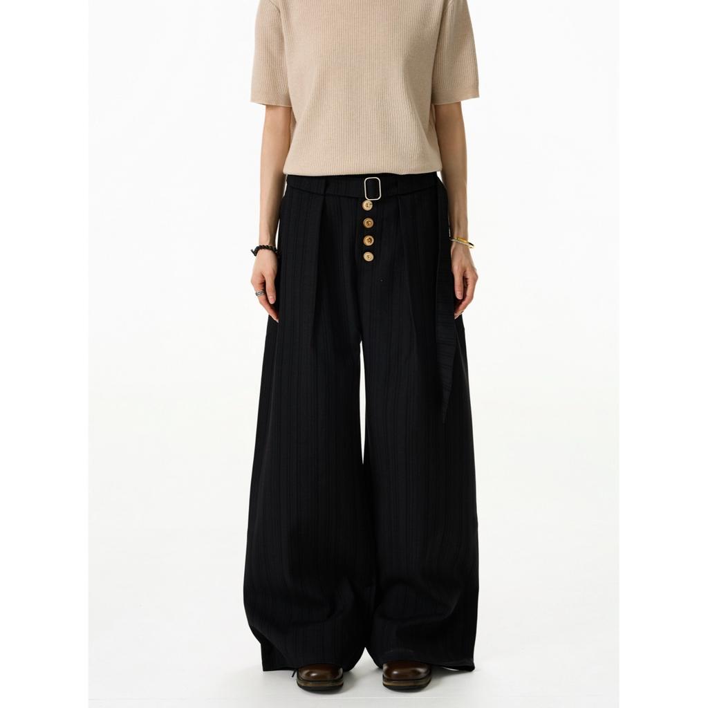 Summer new dark striped blended pendant straight wide-leg trousers kendo belt old money commuter casual trousers