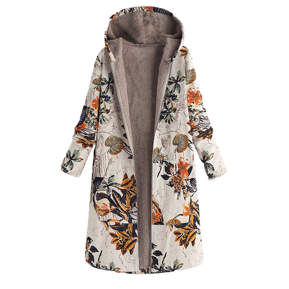 Womens Winter Warm Outwear Floral Print Hooded Pockets Vintage Oversize Coats