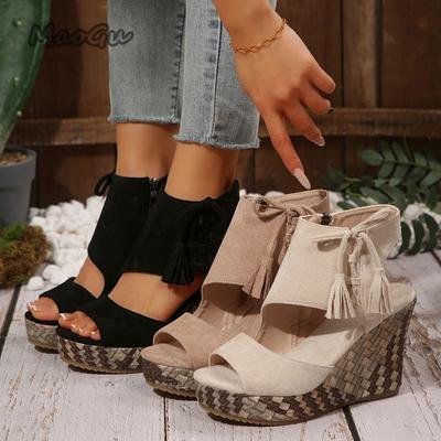 Модные босоножки на платформе на высоком каблуке для женщин, обувь с бахромой, боковая молния, открытый носок, толстая подошва, клиновидные сандалии женские