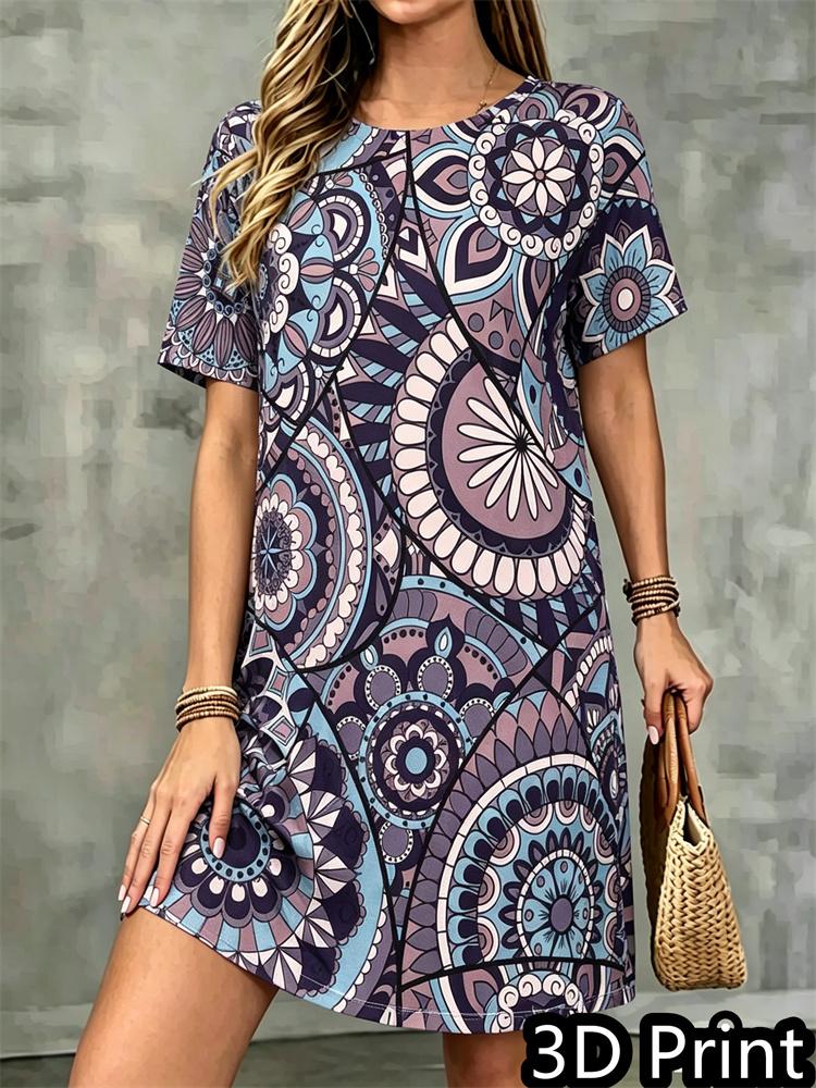 Fashion 3D Floral Print Summer Dress Loose Casual Short Sleeve O-Neck Mini Dress